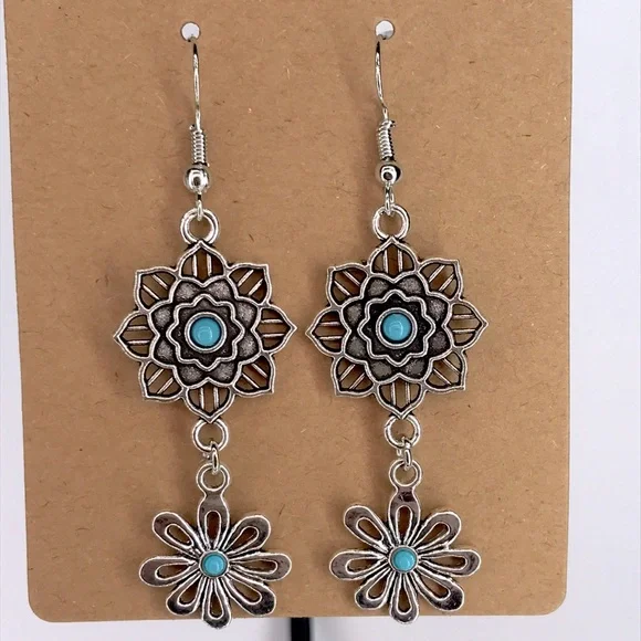 Floral Silver and Turquoise Bohemian Earrings Fashion Jewelry - Picture 3 of 3